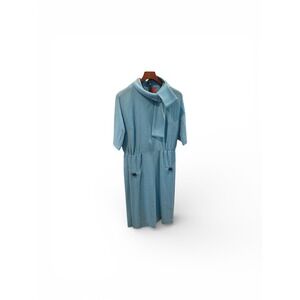 Vtg early 1960s Light Blue Textured Midi Dress with Scarf Collar Short Sleeves L